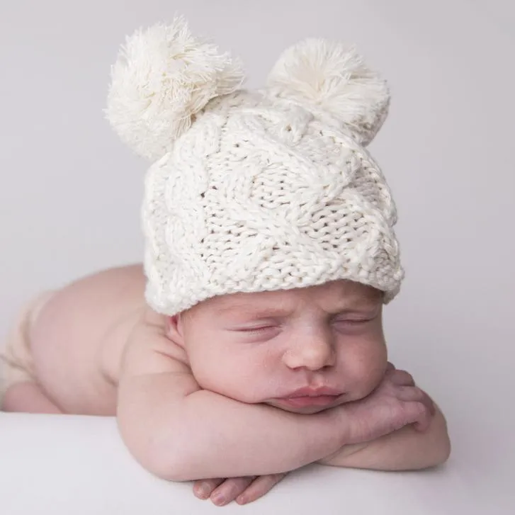 Newborn Aran Natural Double Pom Pom Beanie Hat Infant