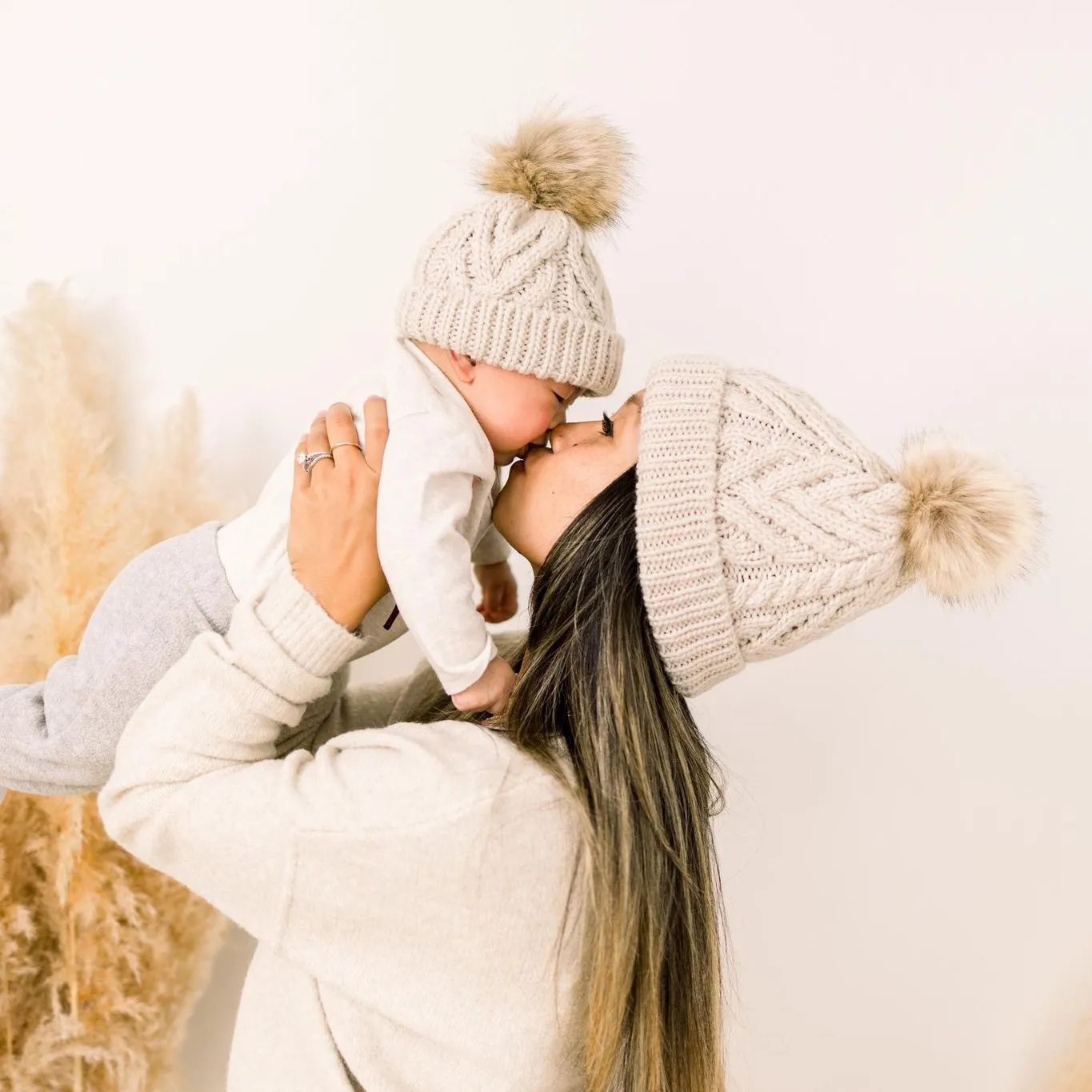 Oatmeal Pop Pom Pom Beanie Hat for Babies thru Adults