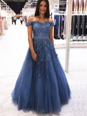 Off Shoulder Appliques Blue Lace Long Prom 2020, Off Shoulder Blue Formal, Blue Lace Evening