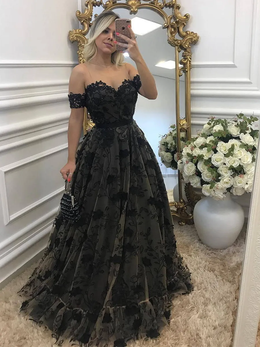 Off Shouler Black Lace Long Prom Dresses with Appliques, Off Shoulder Black Formal Dresses, Evening Dresses