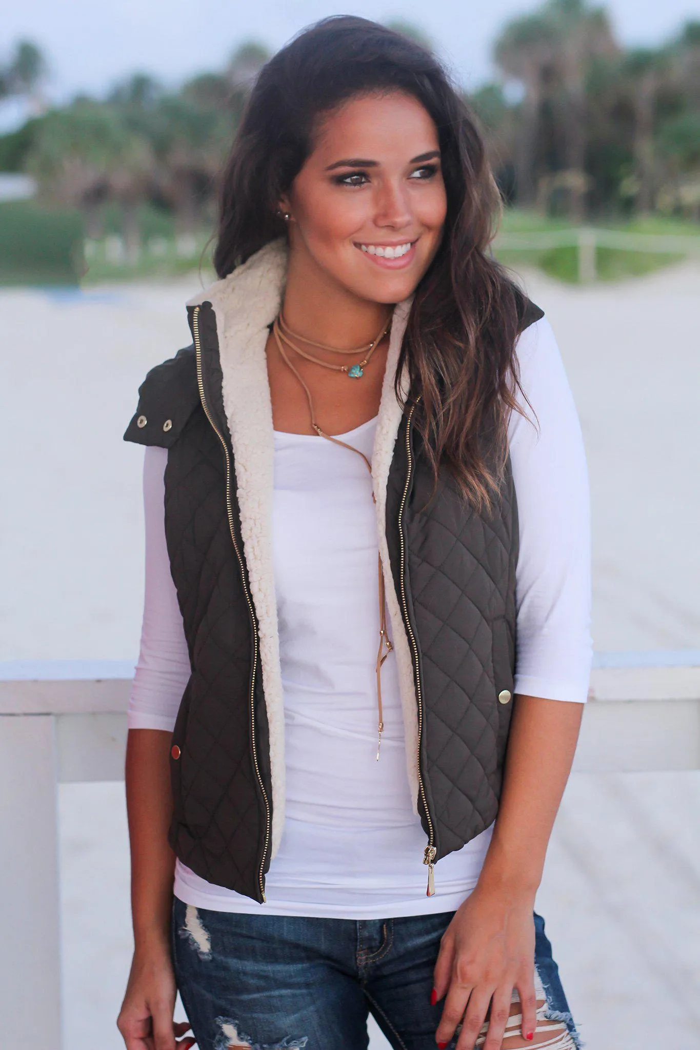 Olive Quilted Vest with Fur Collar