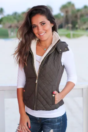 Olive Quilted Vest with Fur Collar