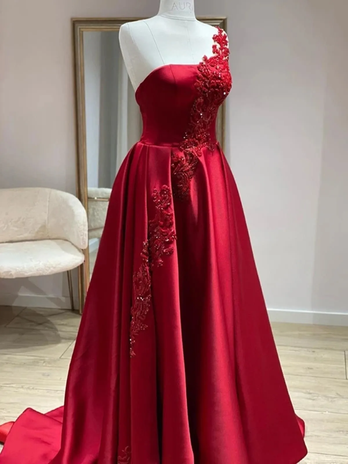 One Shoulder Burgundy Satin Long Prom Dresses with Lace Appliques, Burgundy Lace Formal Graduation Evening Dresses