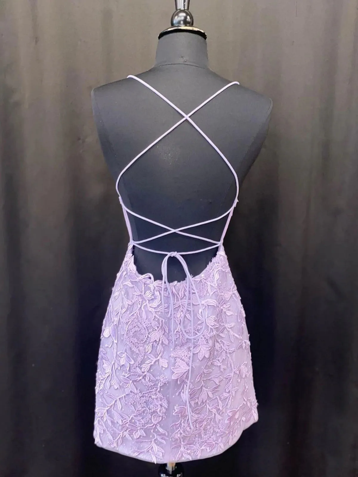 Open Back Purple Lace Short Prom Dresses, Backless Purple Homecoming Dresses, Purple Lace Formal Evening Dresses