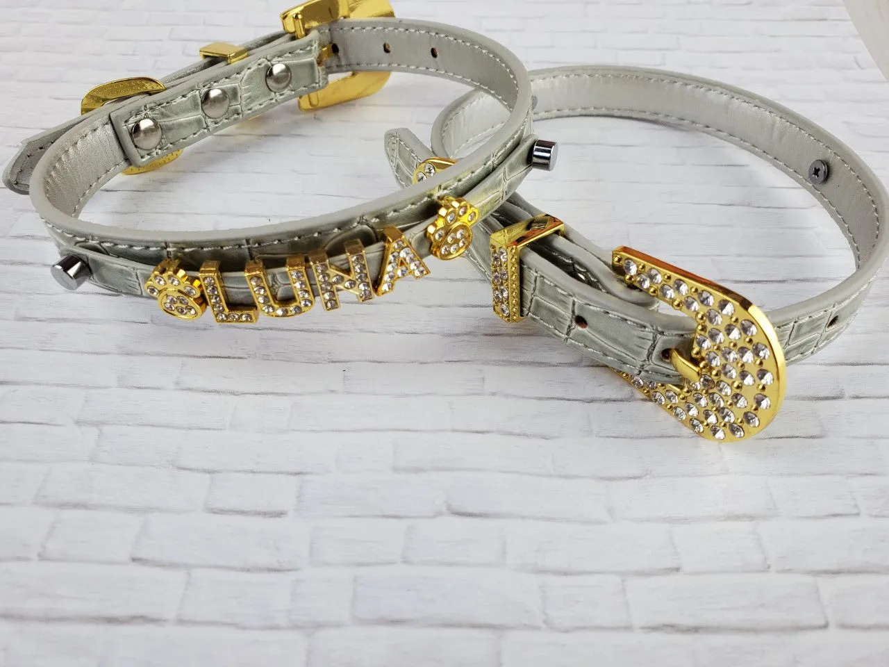 Pearl Pewter croc collar with gold buckle