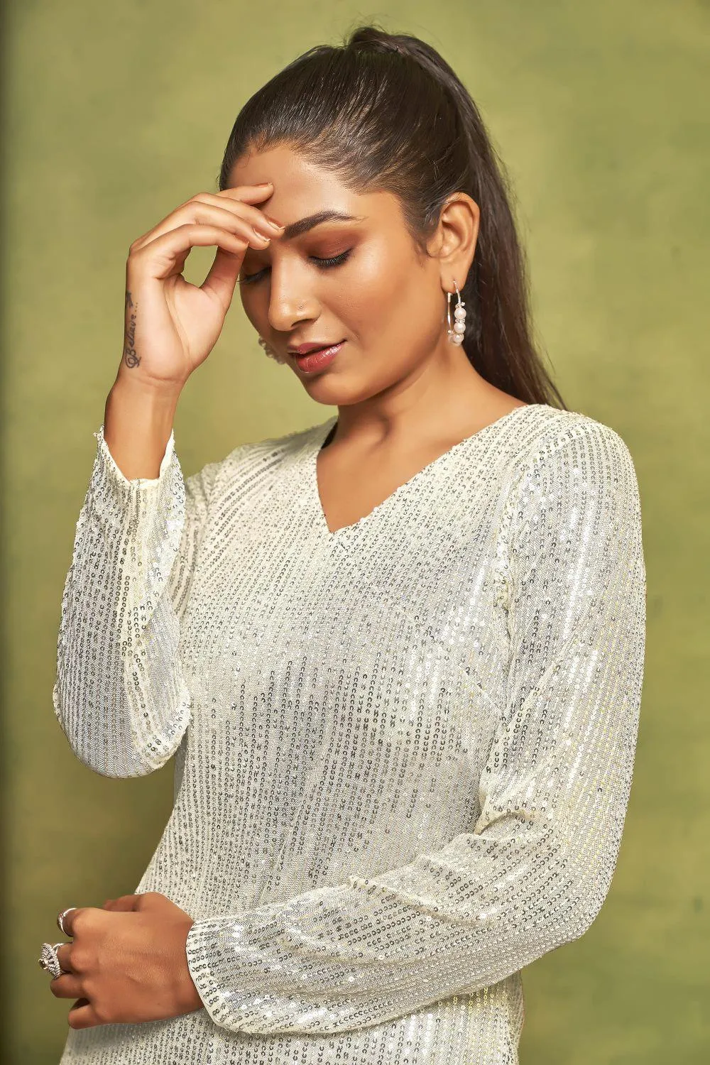 Pearl White Sequin Maxi Dress | V-Neck Long Sleeve Glamour