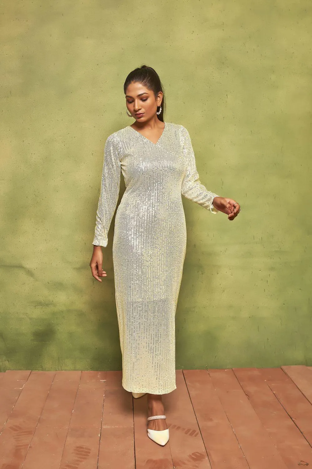 Pearl White Sequin Maxi Dress | V-Neck Long Sleeve Glamour