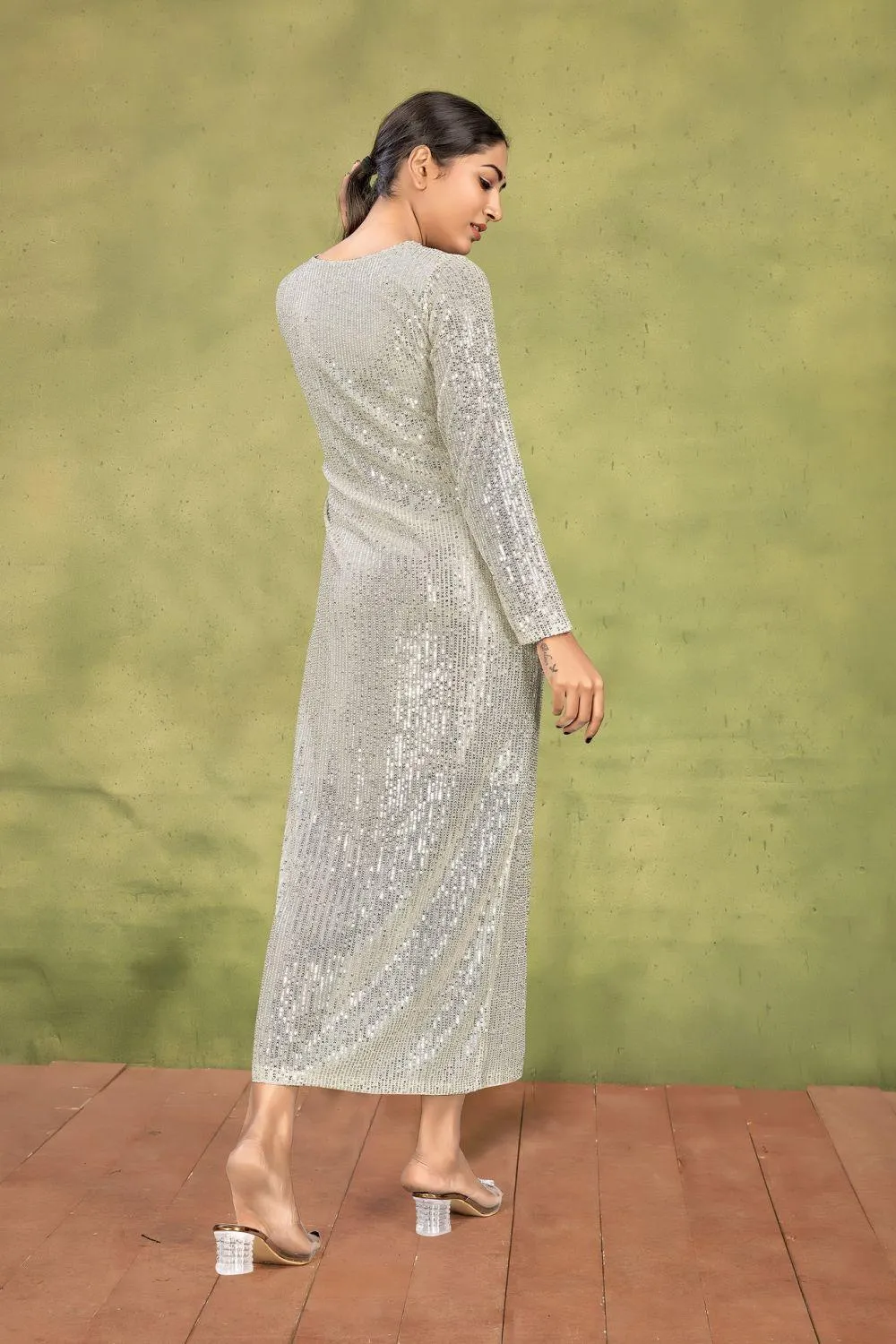 Pearl White Sequin Maxi Dress | V-Neck Long Sleeve Glamour