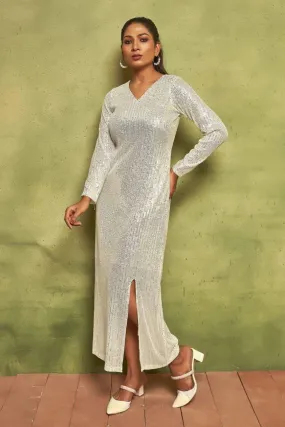 Pearl White Sequin Maxi Dress | V-Neck Long Sleeve Glamour