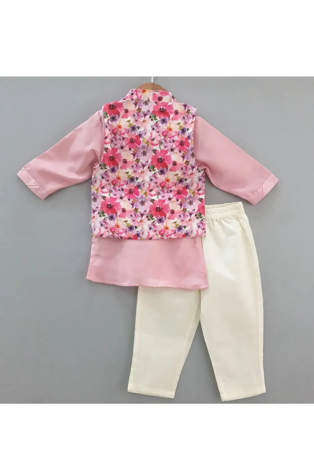 Pink Silk Kurta With Floral Printed Jacket Set