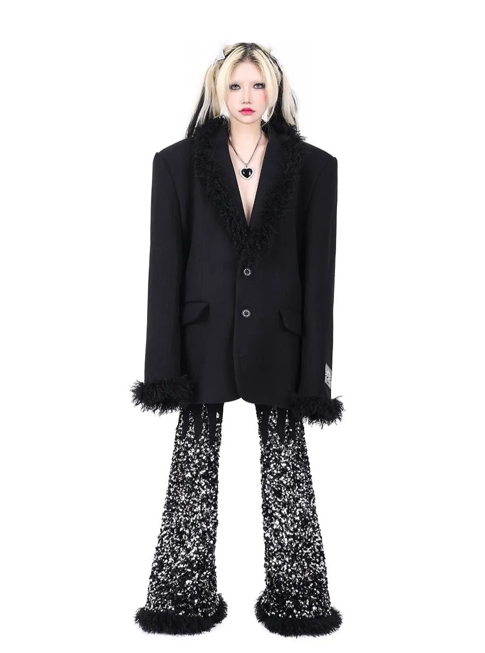 PINKSPINK Faux Fur Trim Blazer - Black