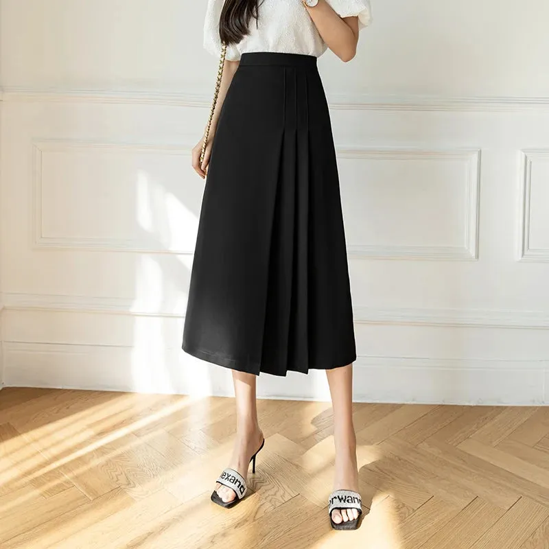 Pleated High Waist Fashion Female Midi Skirts A-line Black Solid Color Women Suit Skirt Korean Style Basic Office Ladies