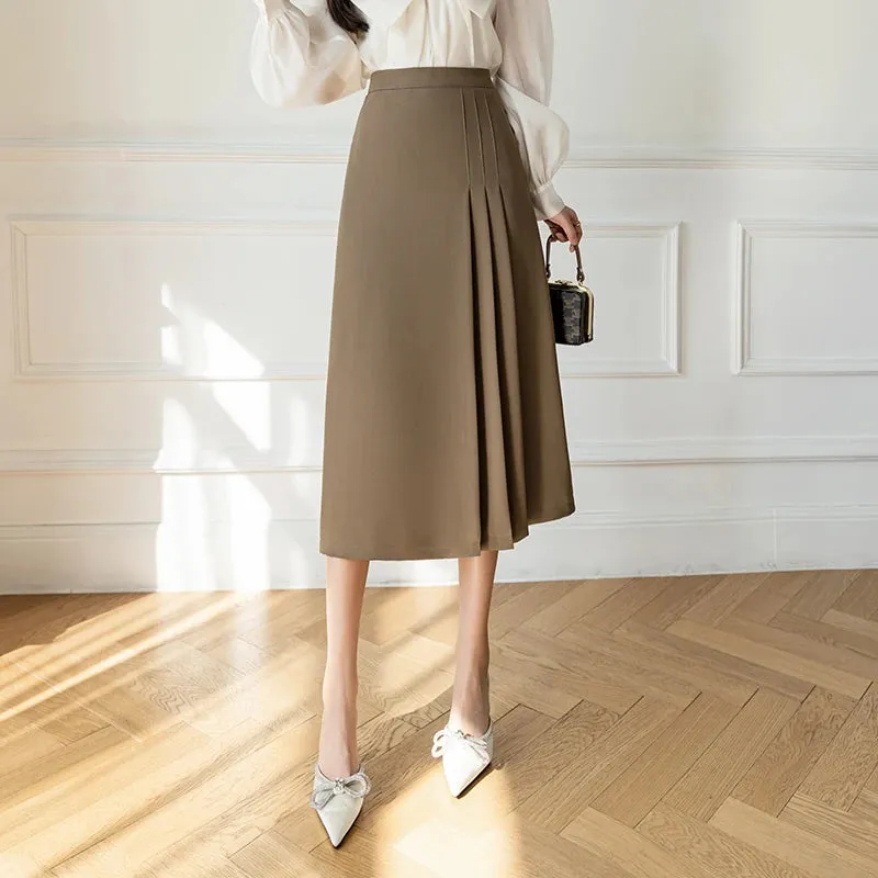 Pleated High Waist Fashion Female Midi Skirts A-line Black Solid Color Women Suit Skirt Korean Style Basic Office Ladies