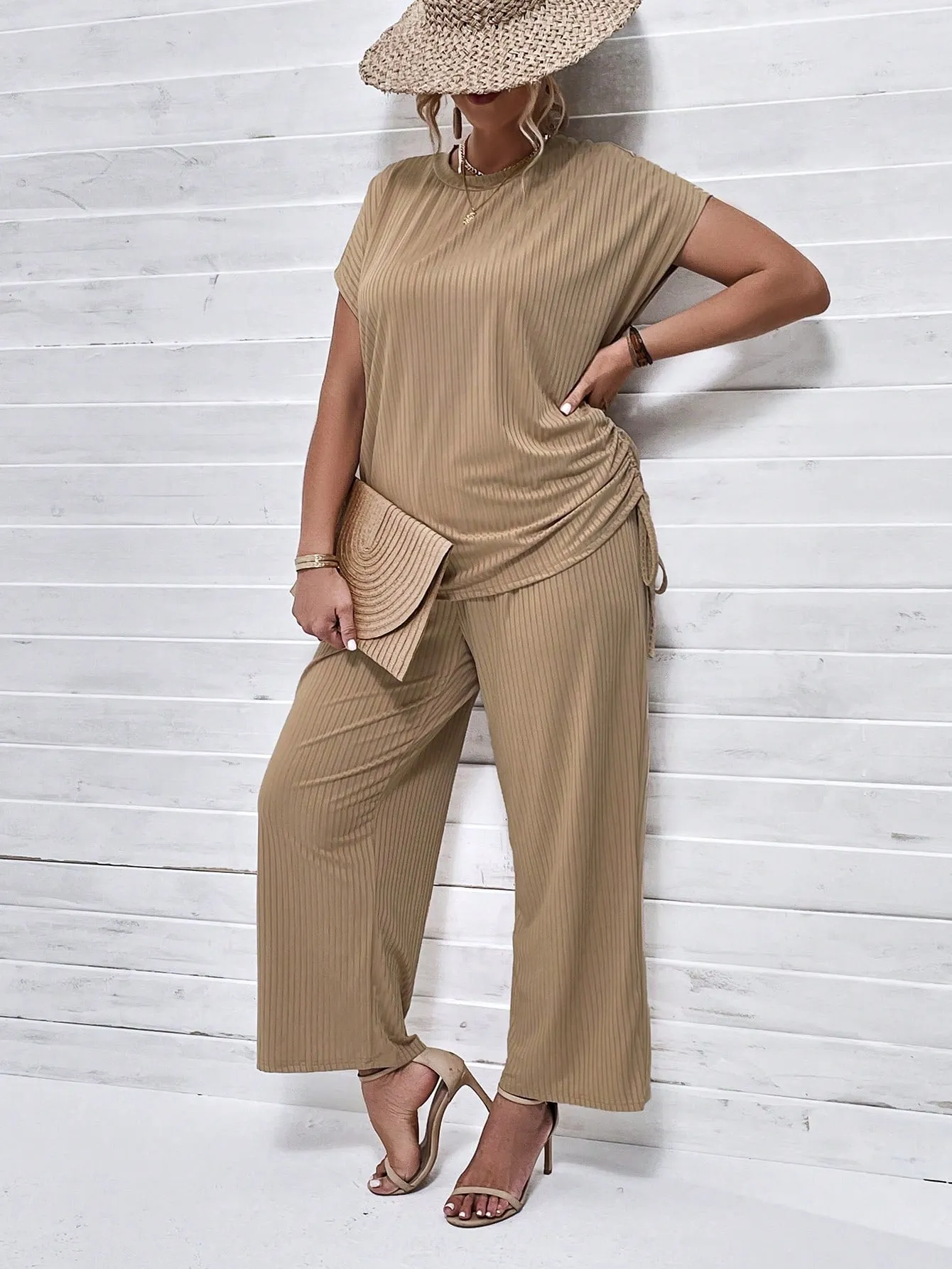 Plus Drawstring Side Batwing Sleeve Tee Pants