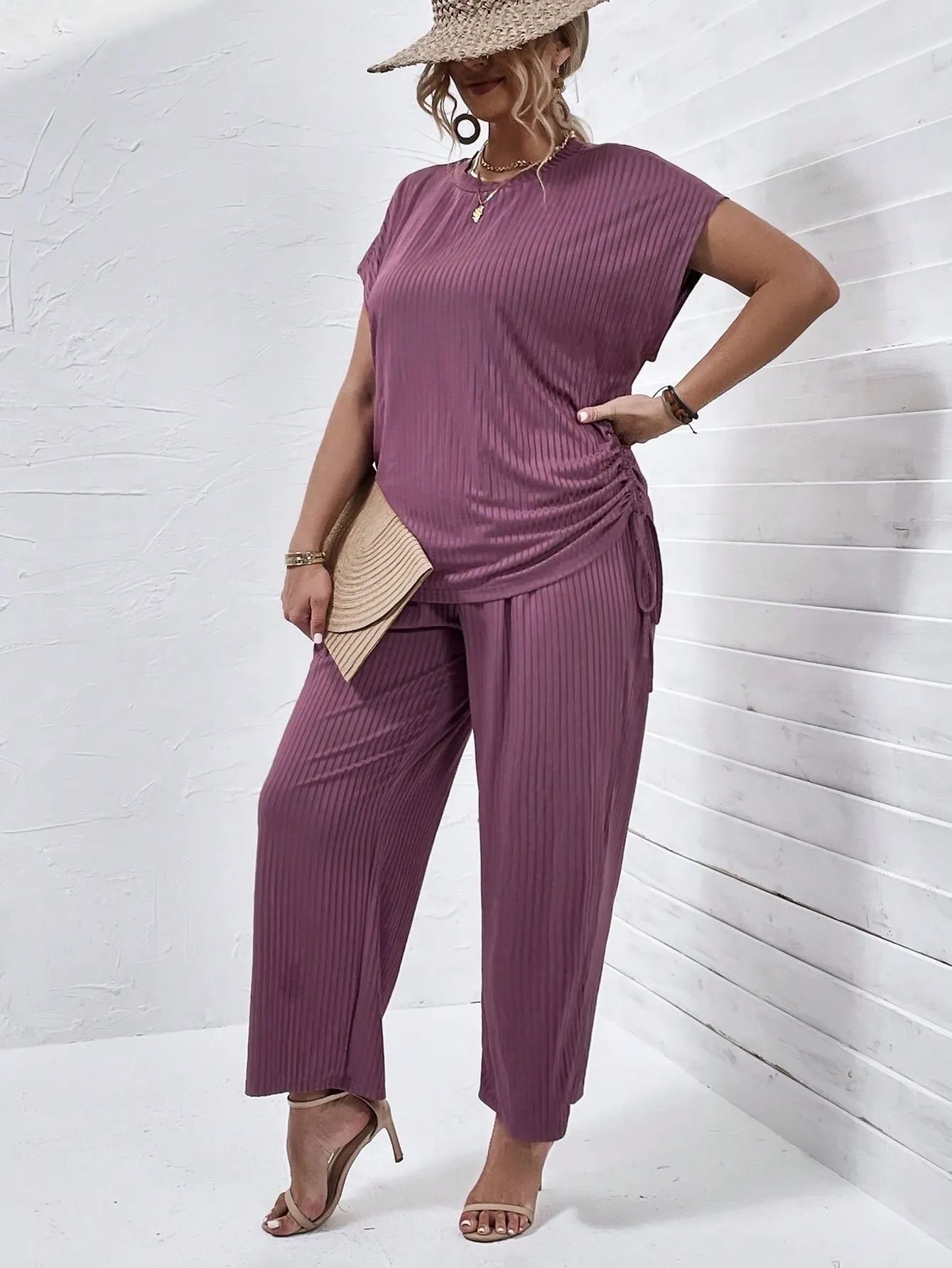 Plus Drawstring Side Batwing Sleeve Tee Pants