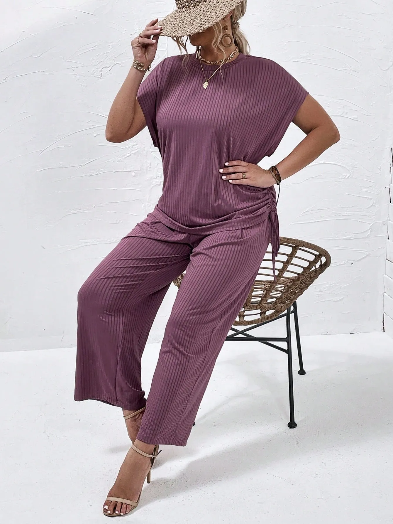 Plus Drawstring Side Batwing Sleeve Tee Pants