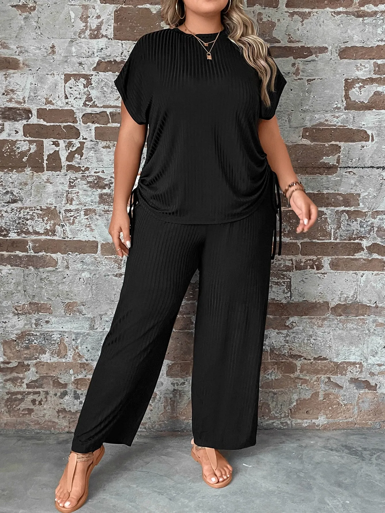 Plus Drawstring Side Batwing Sleeve Tee Pants