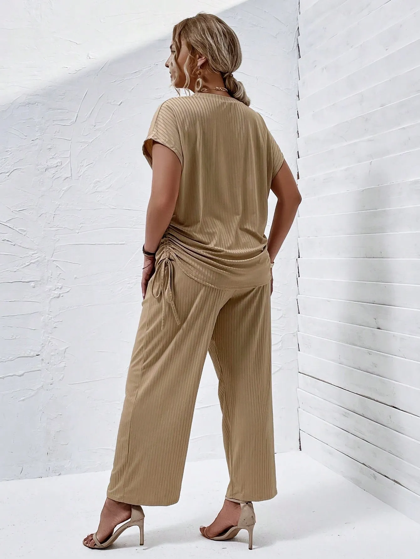 Plus Drawstring Side Batwing Sleeve Tee Pants