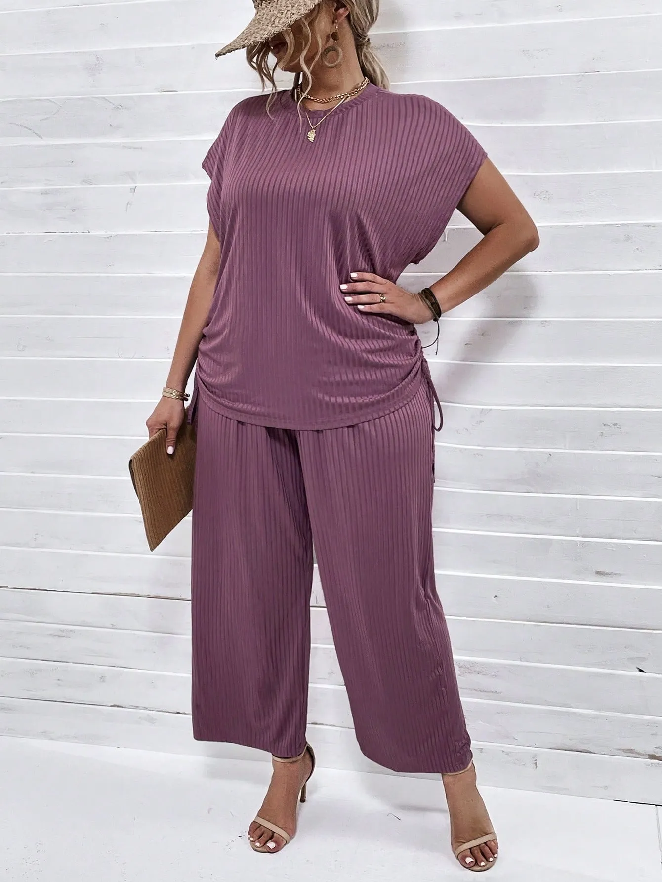 Plus Drawstring Side Batwing Sleeve Tee Pants