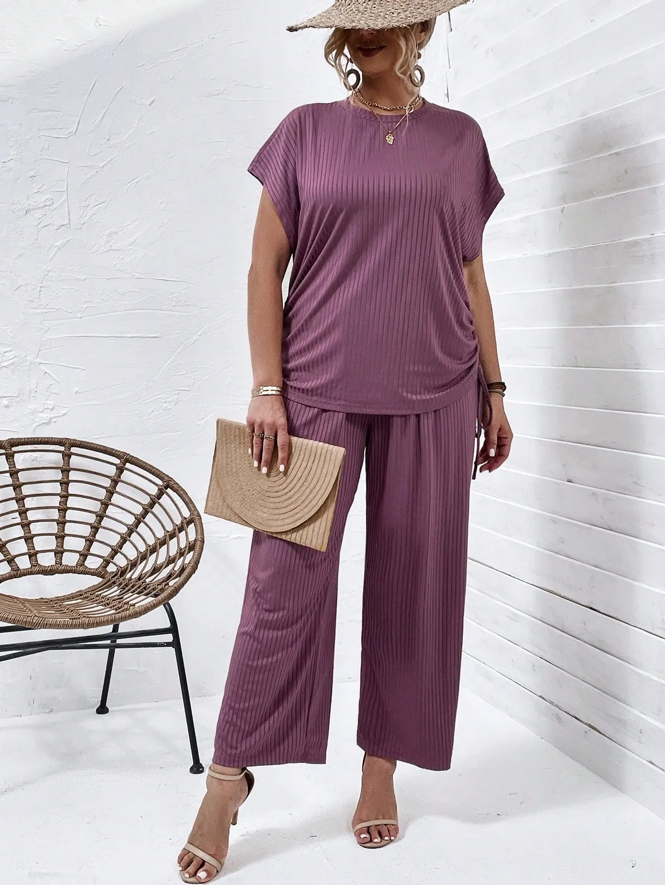 Plus Drawstring Side Batwing Sleeve Tee Pants