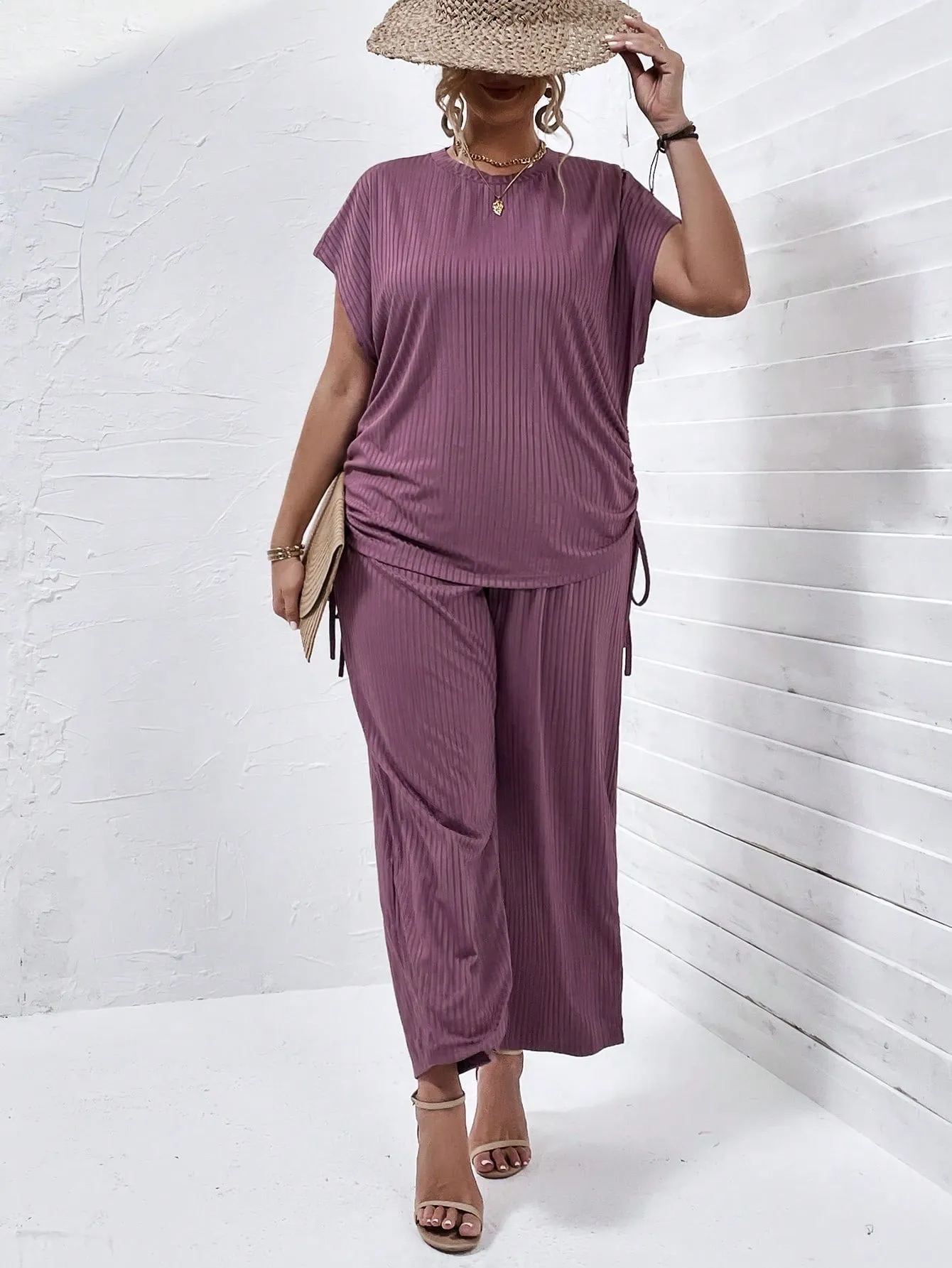 Plus Drawstring Side Batwing Sleeve Tee Pants