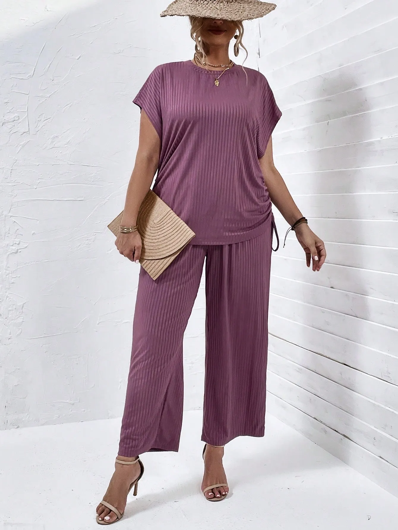 Plus Drawstring Side Batwing Sleeve Tee Pants