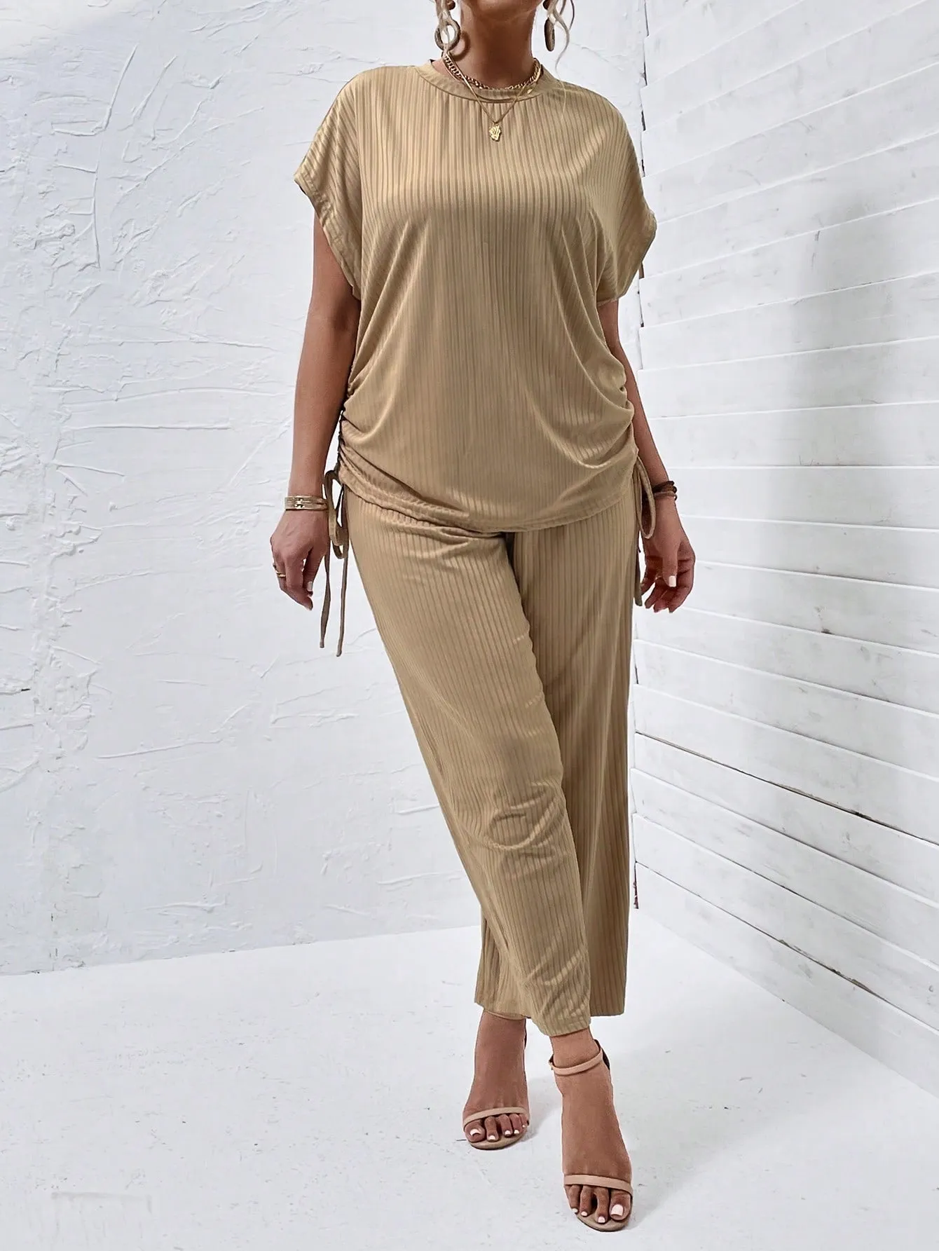 Plus Drawstring Side Batwing Sleeve Tee Pants