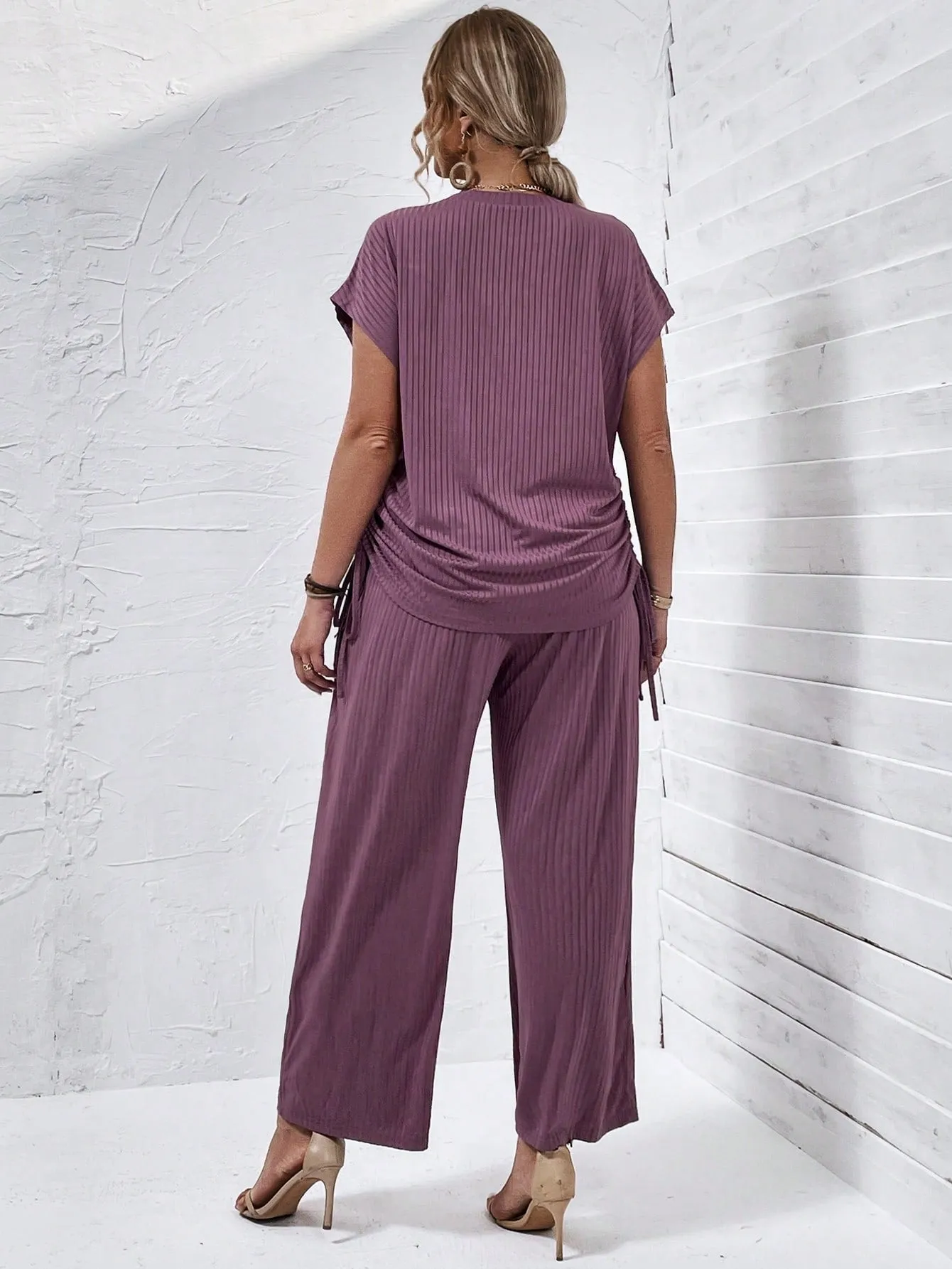 Plus Drawstring Side Batwing Sleeve Tee Pants