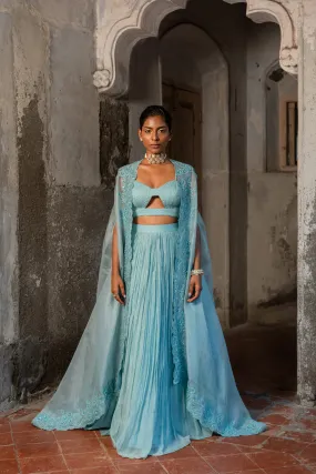 Powder Blue Embroidered Cape & Lehenga Set