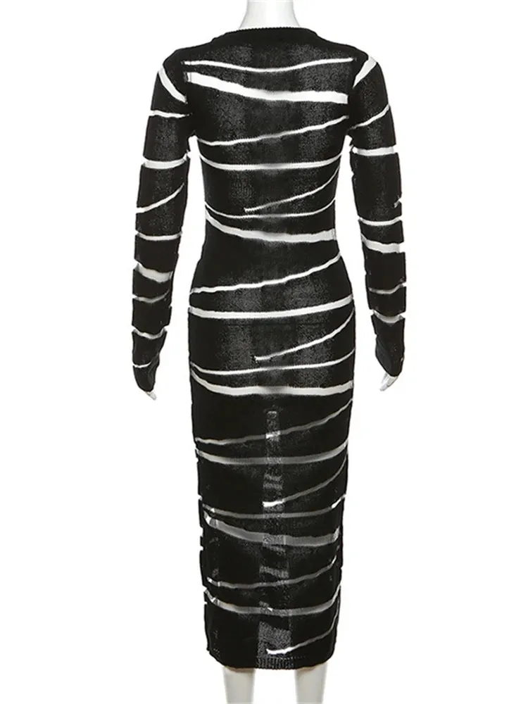 Pre Order:  Black Knitted Striped Maxi Dress