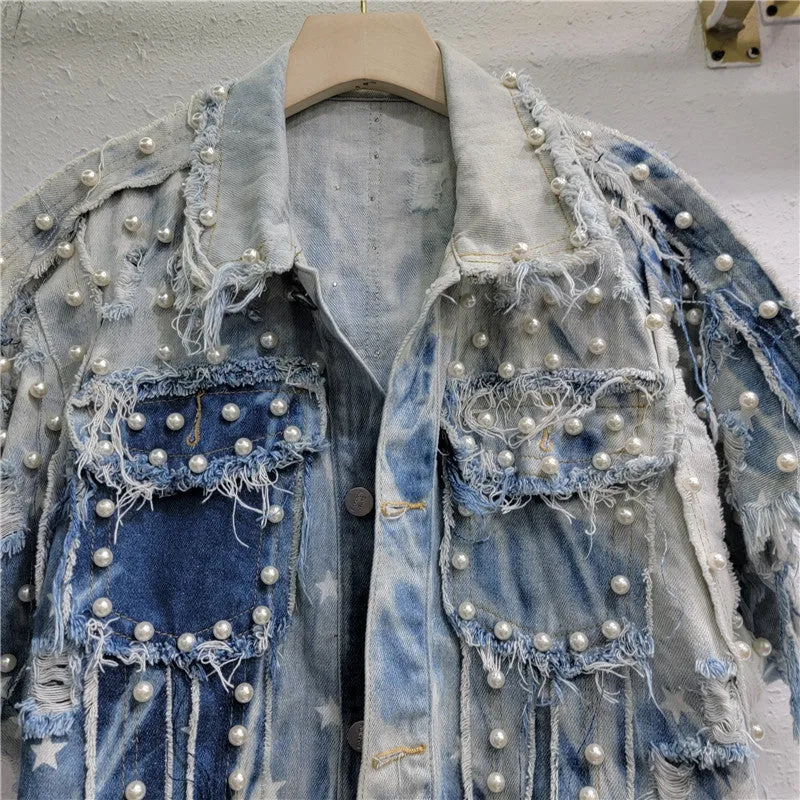 Pre Order:  Irregular Tie Dye Nail Bead Retro Loose Denim Vest