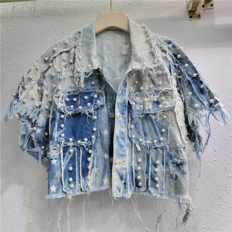 Pre Order:  Irregular Tie Dye Nail Bead Retro Loose Denim Vest