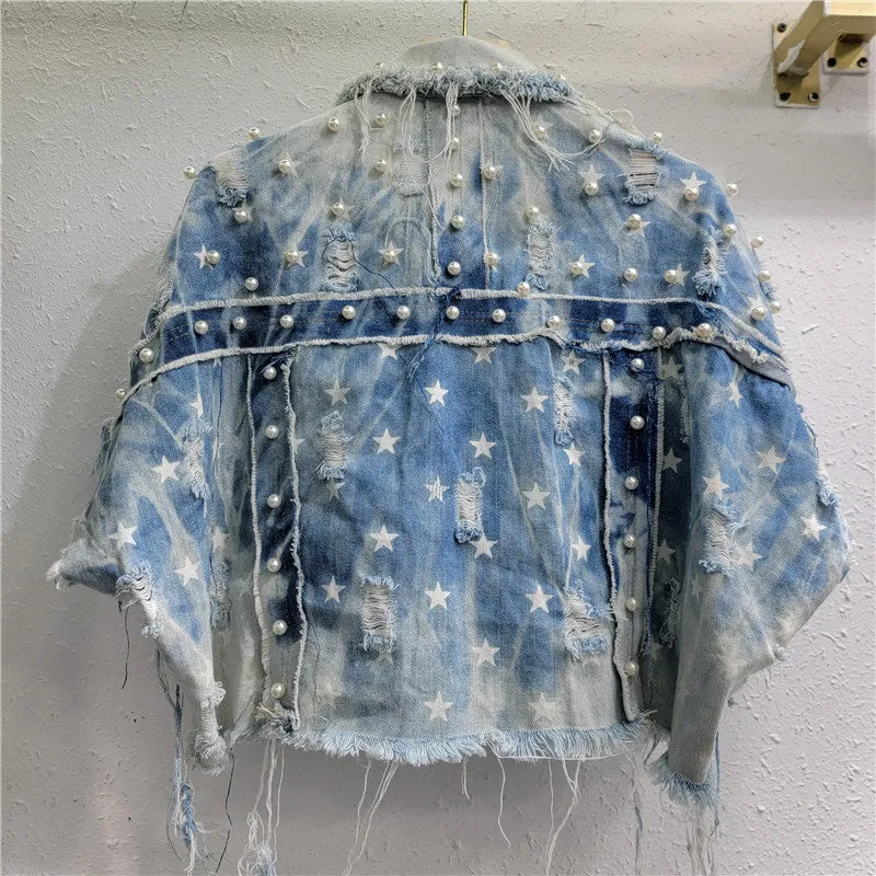 Pre Order:  Irregular Tie Dye Nail Bead Retro Loose Denim Vest