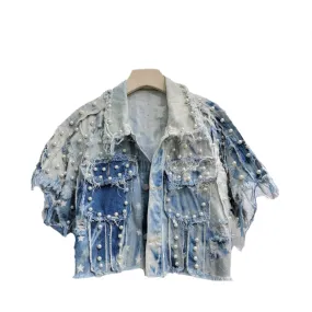 Pre Order:  Irregular Tie Dye Nail Bead Retro Loose Denim Vest