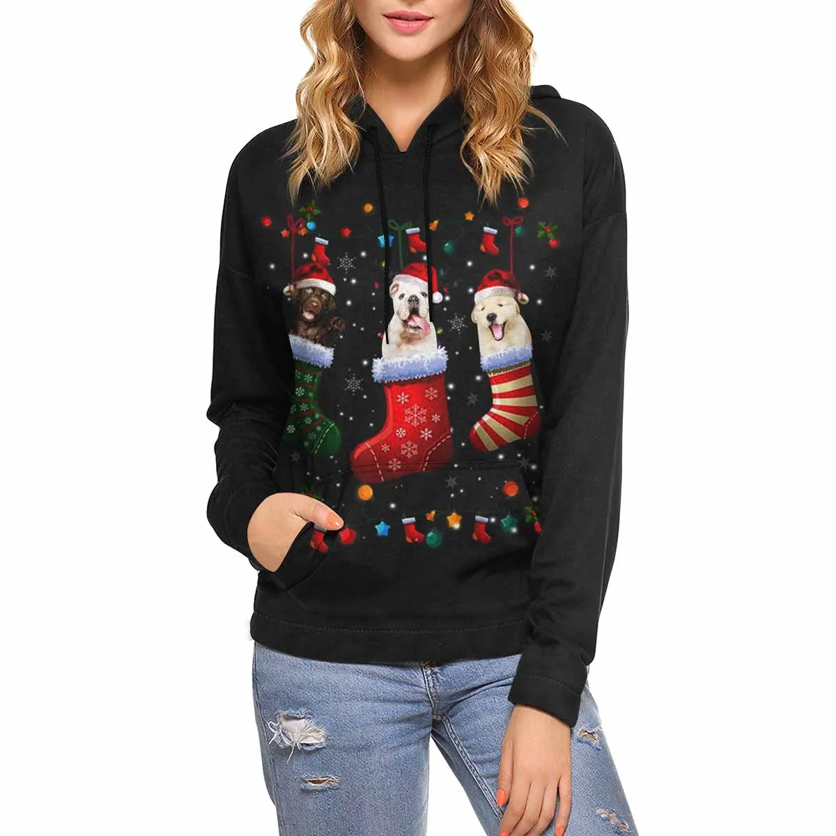 Printing Christmas Socks Hoodie with Face, Custom Women's All Over Print Hoodie Surprise Gifts for Mon Wife Girlfriend