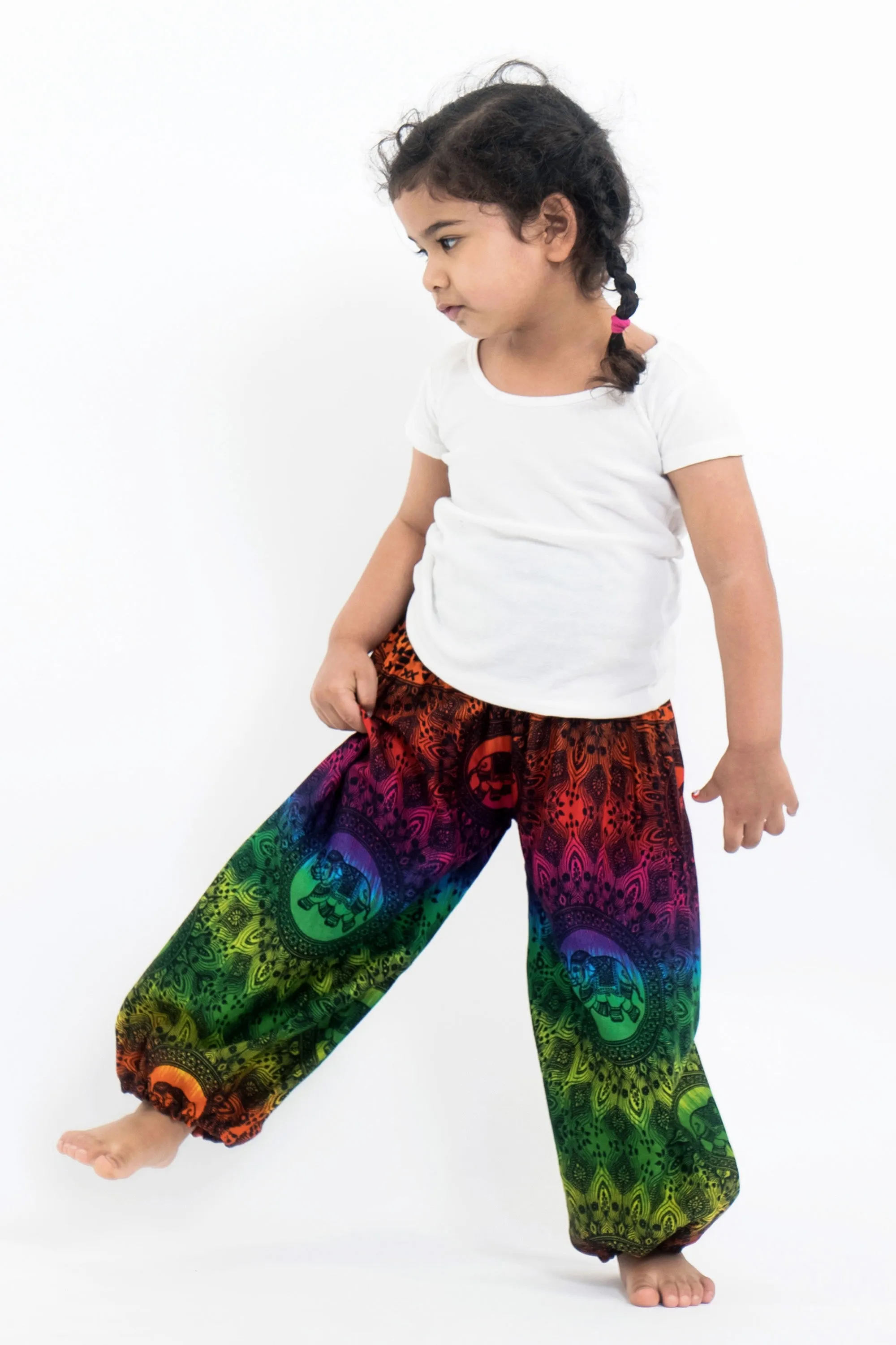 Rainbow Elephant Kids Harem Pants in Green