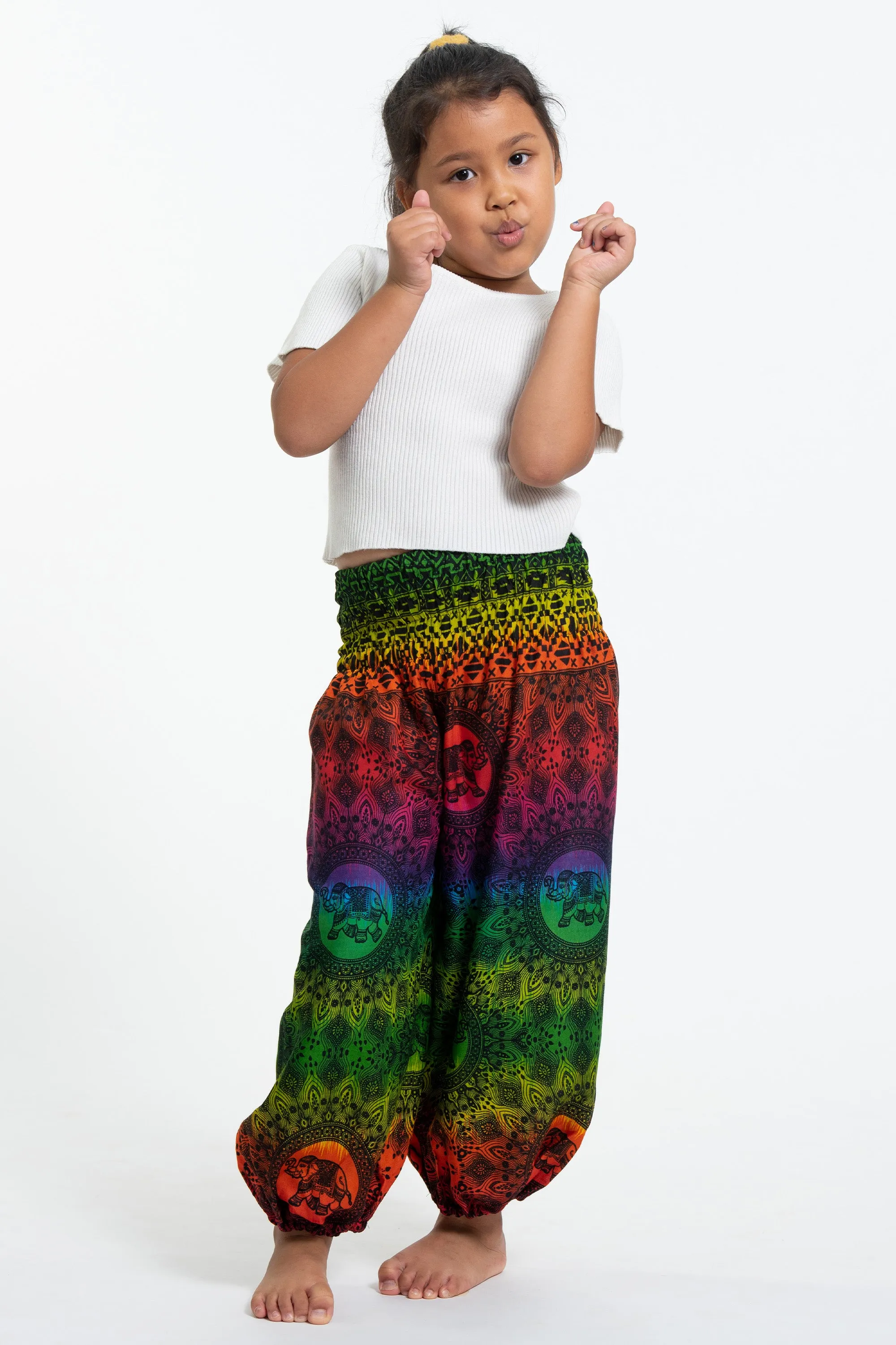 Rainbow Elephant Kids Harem Pants in Green