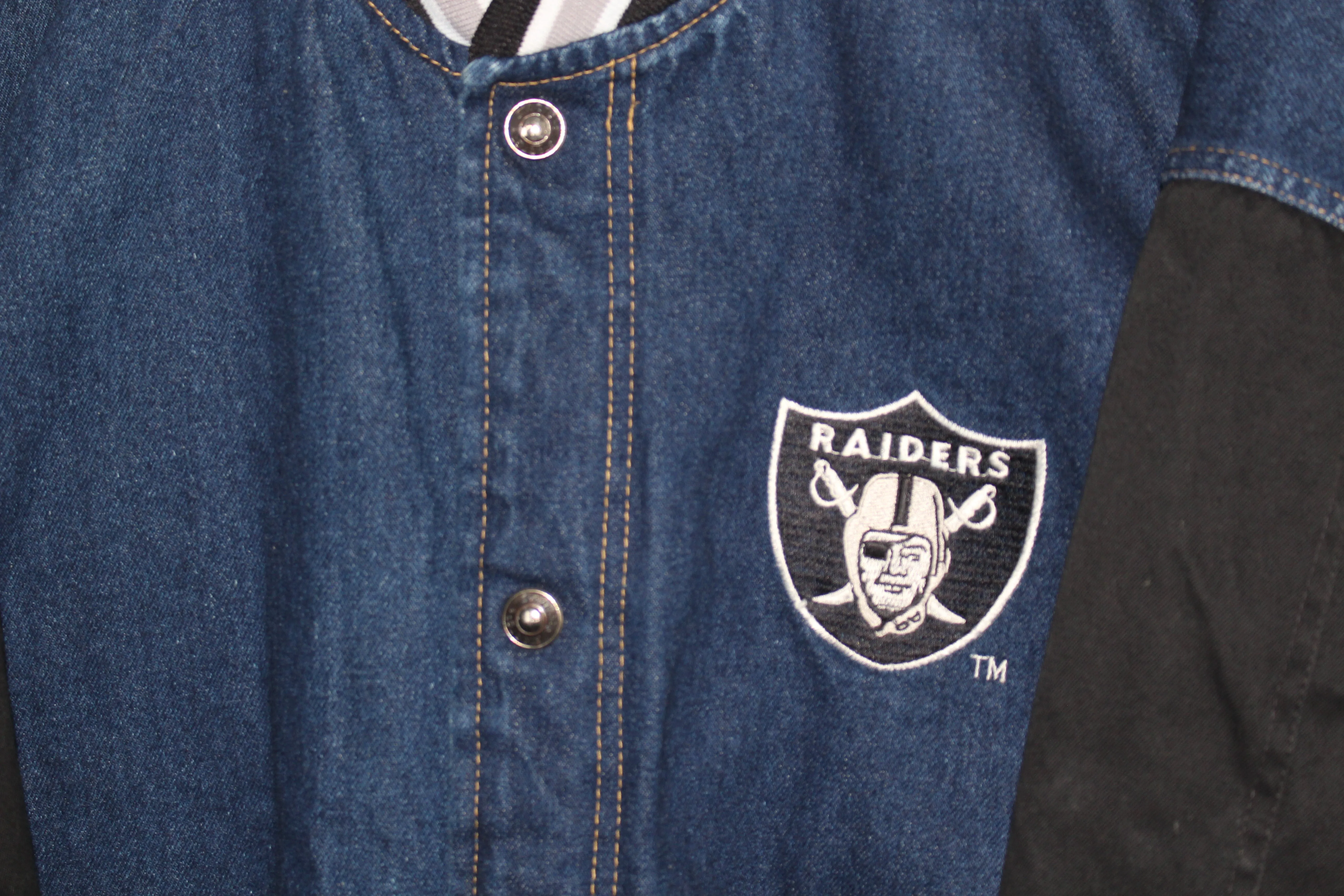 Rare Oakland Raiders Starter Denim Quilted Satin Lining Bomber Jacket (XL)