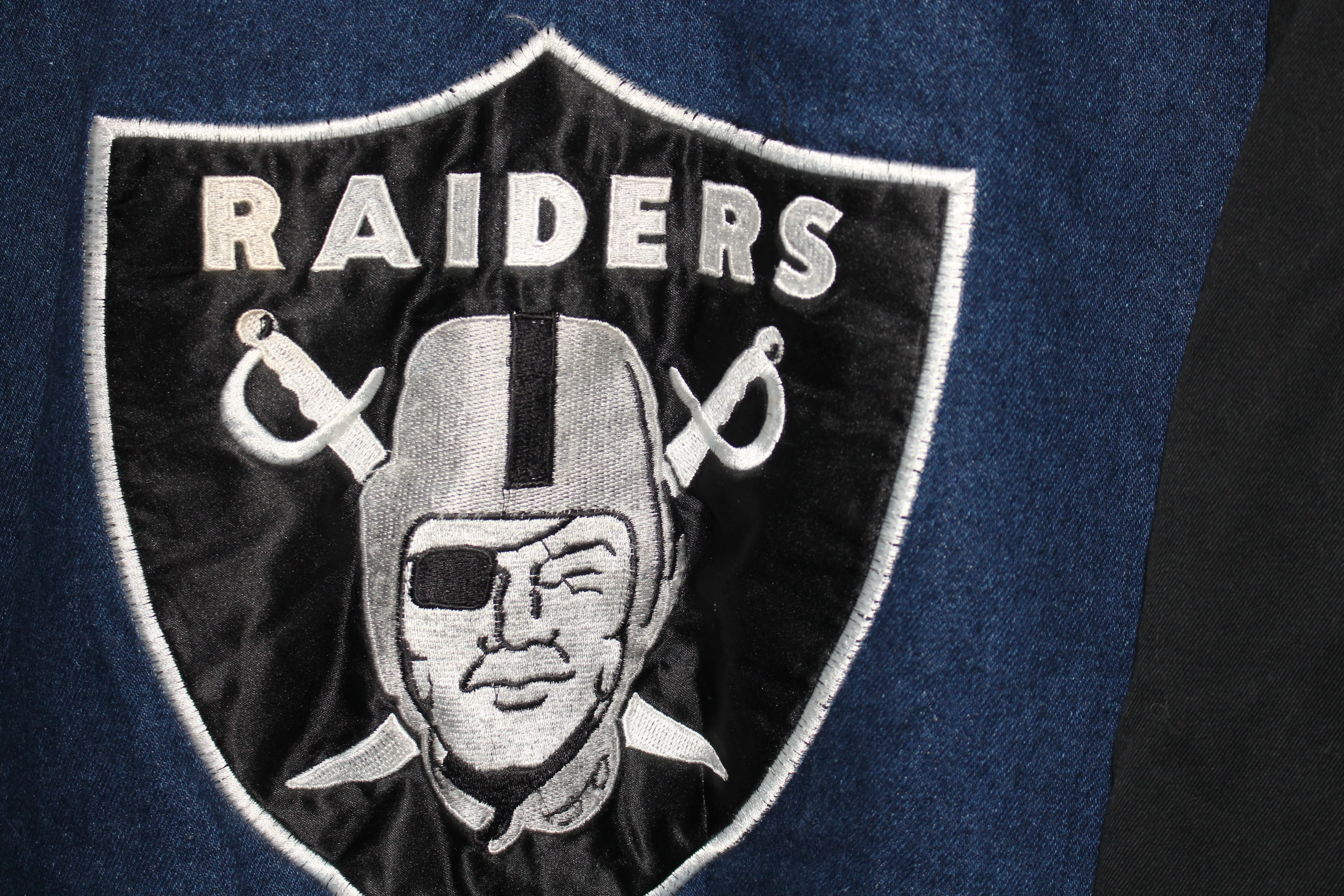 Rare Oakland Raiders Starter Denim Quilted Satin Lining Bomber Jacket (XL)