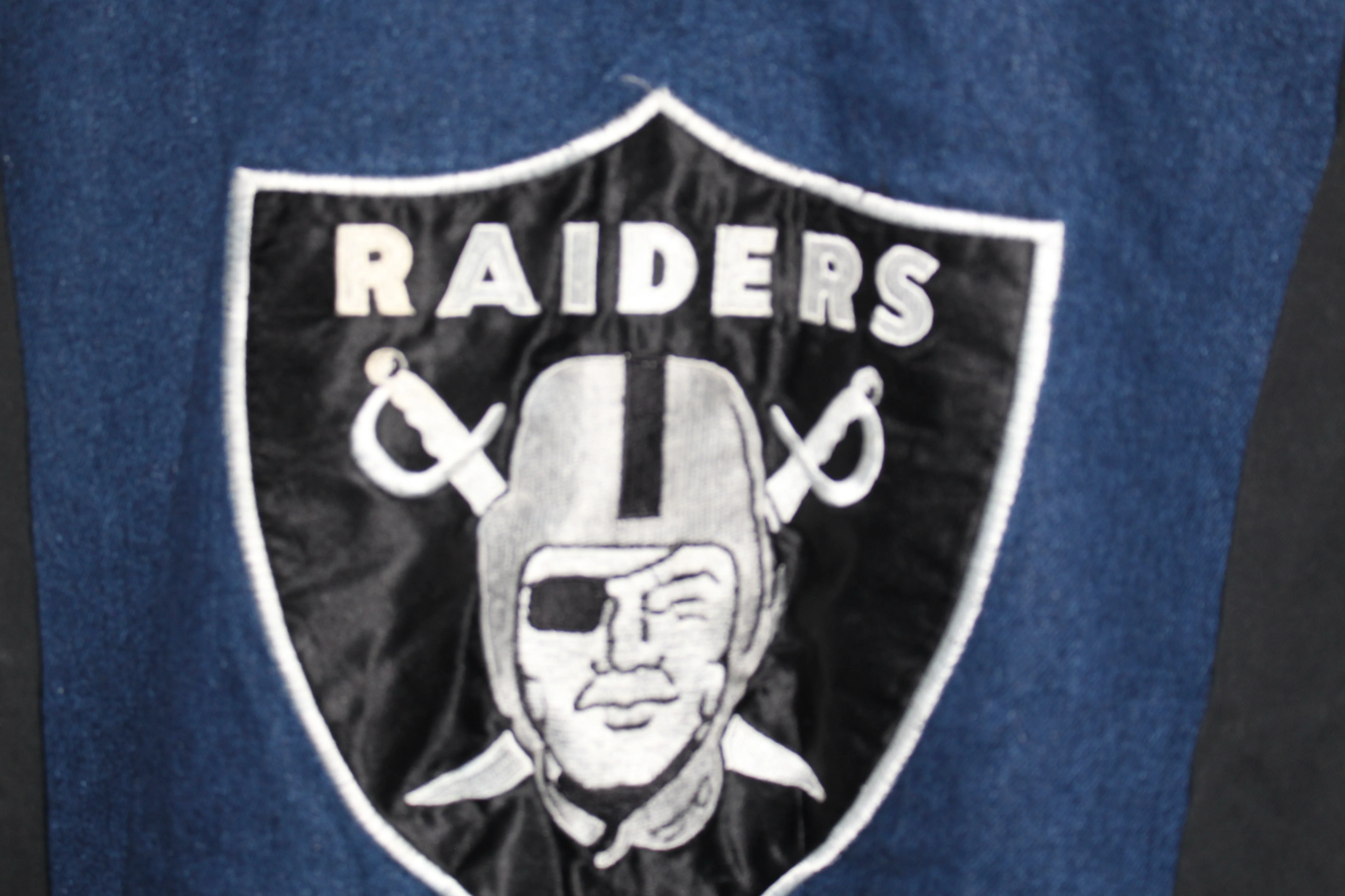 Rare Oakland Raiders Starter Denim Quilted Satin Lining Bomber Jacket (XL)