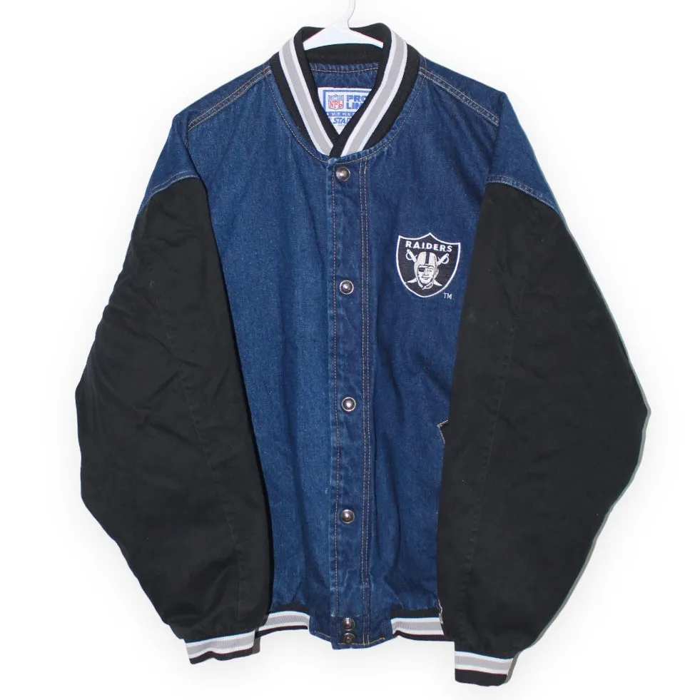 Rare Oakland Raiders Starter Denim Quilted Satin Lining Bomber Jacket (XL)