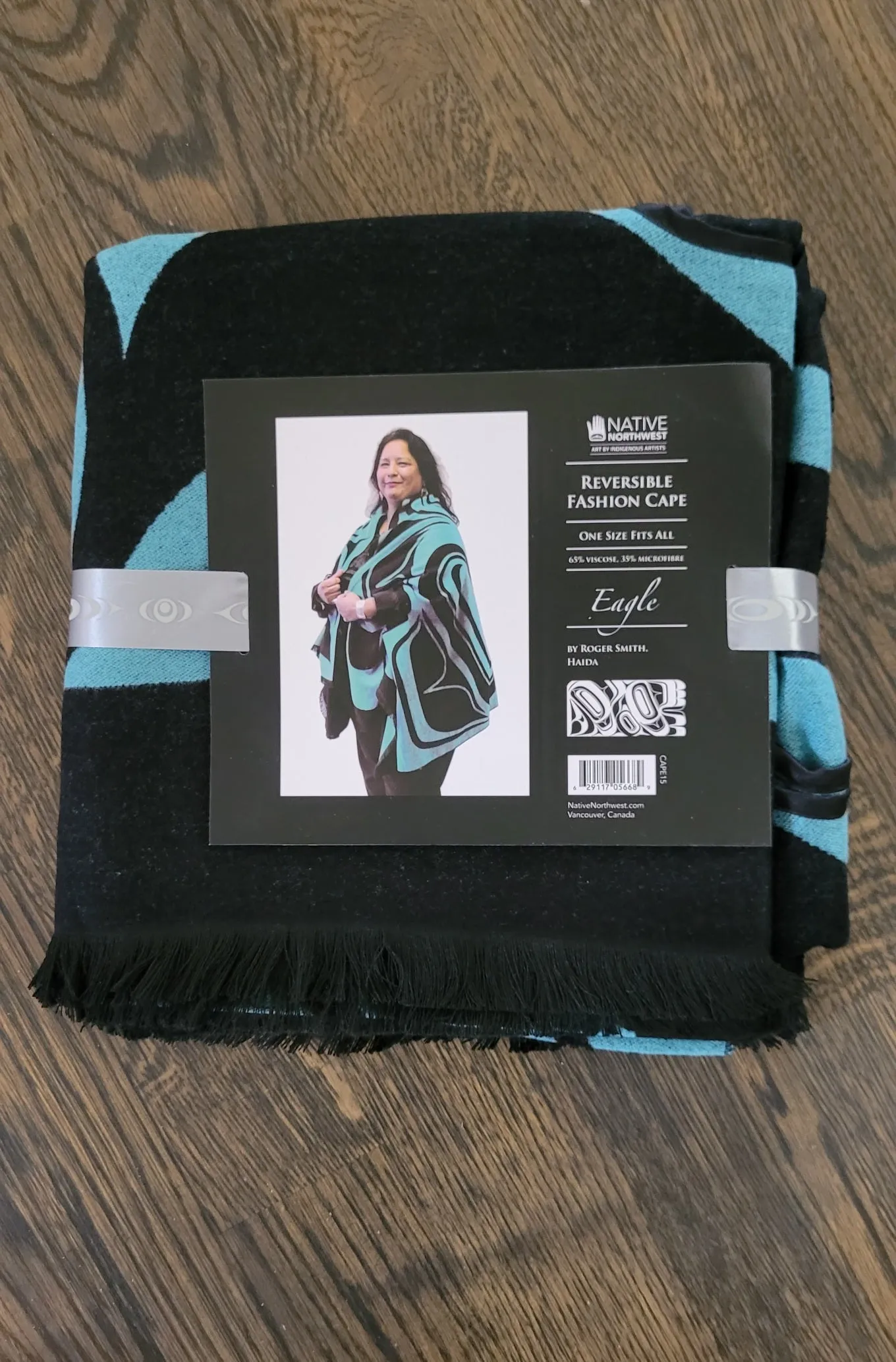 Reversible Fashion Cape - Eagle - Teal. design by Haida Artist Roger Smith