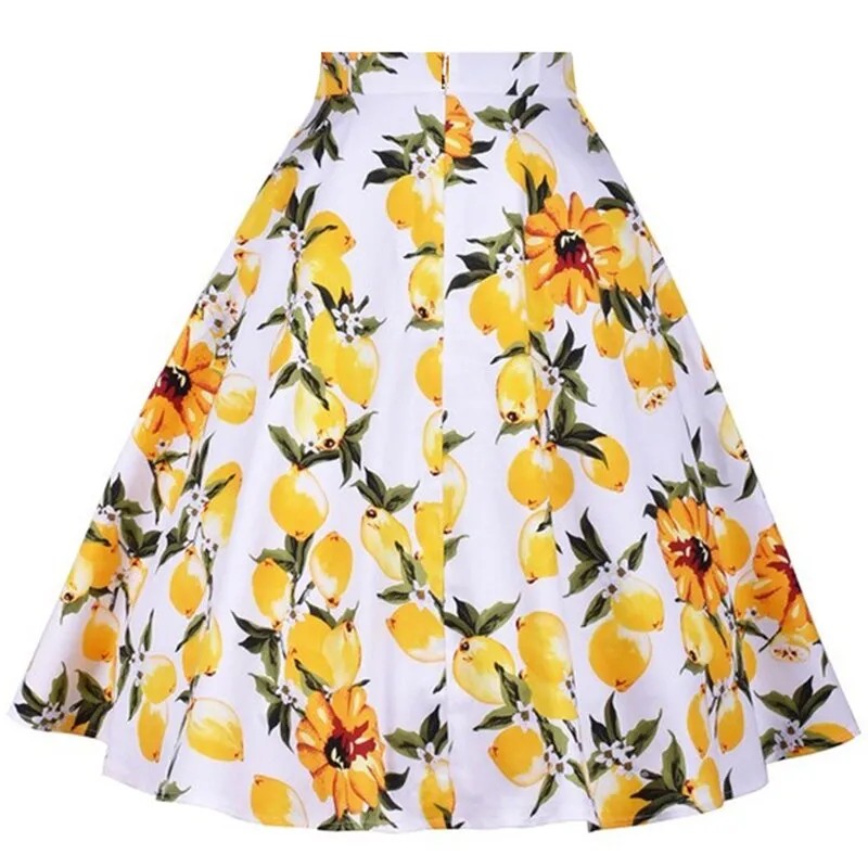 Robe Summer Travel Casual 50s 60s Women Skirt Lemon Floral Print Costume Cotton A-Line Knee-Length Plus Size Pin Up Swing Jurken