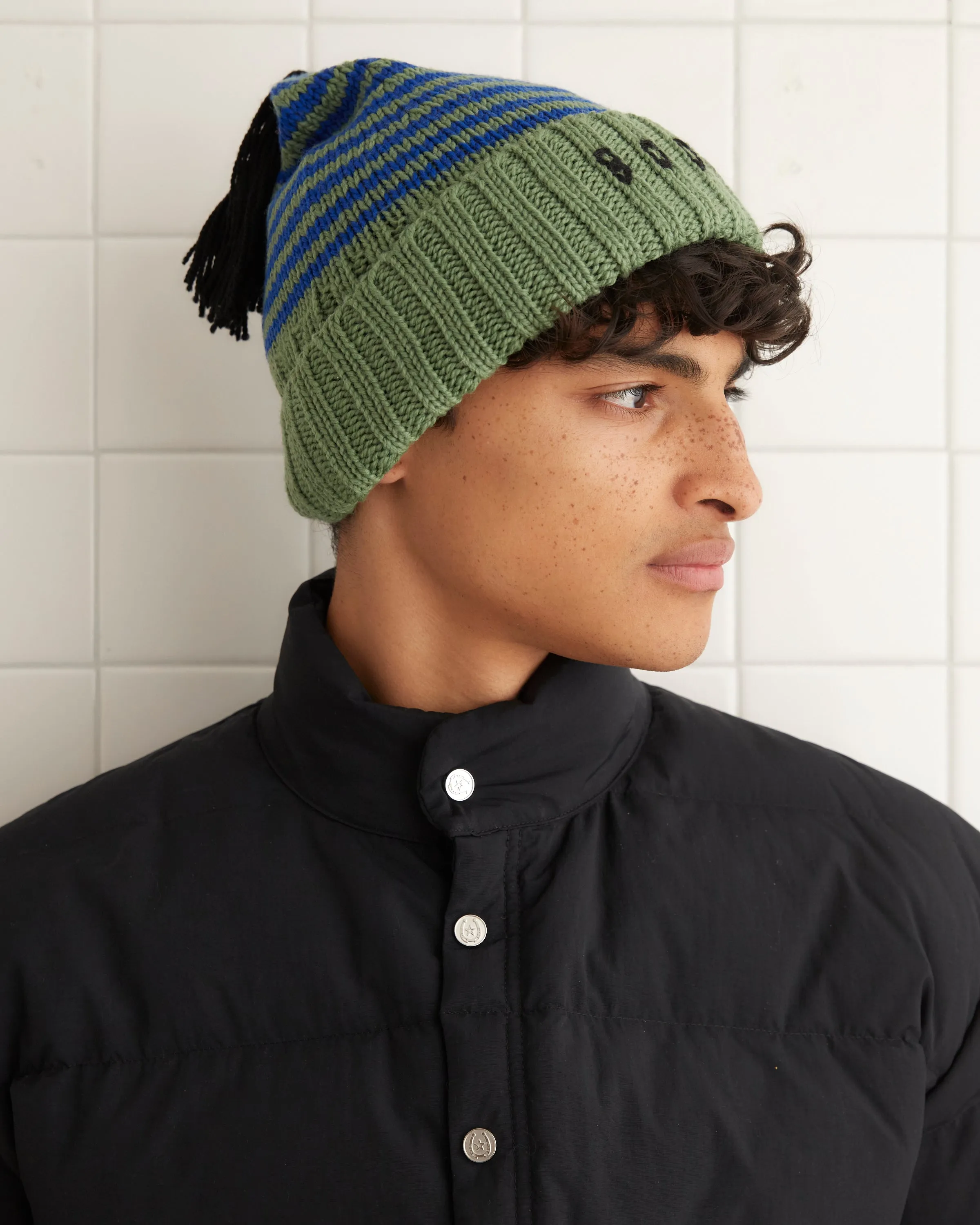 Roll-Up Tassel Beanie - Green