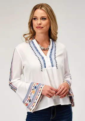 Roper Womens Embroidered Split Neck White 100% Rayon L/S Tunic