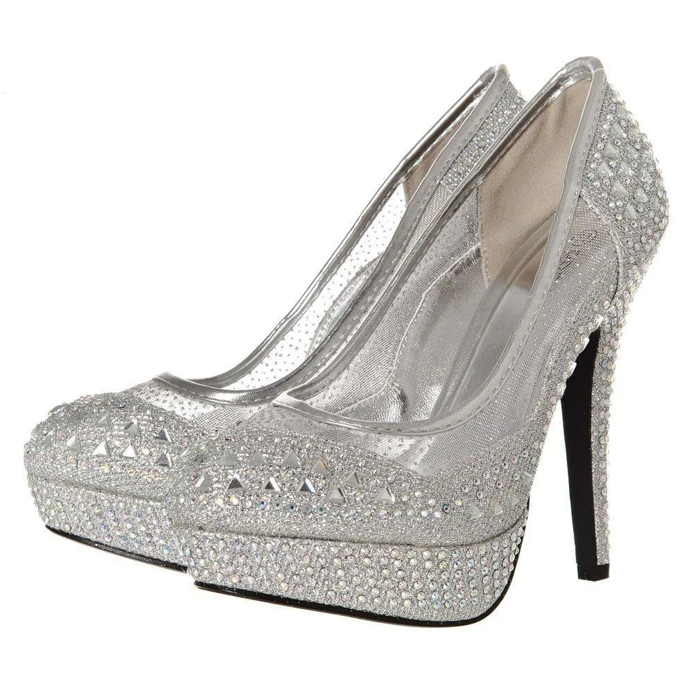 ROSEY Round Toe Platform Stiletto High Heel Diamante And Mesh Court Shoe