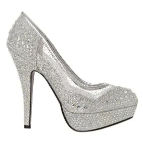 ROSEY Round Toe Platform Stiletto High Heel Diamante And Mesh Court Shoe