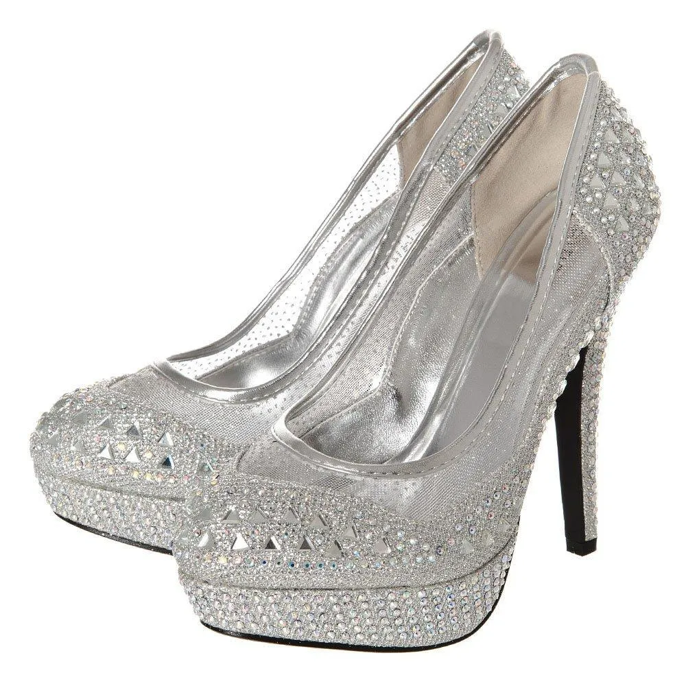 ROSEY Round Toe Platform Stiletto High Heel Diamante And Mesh Court Shoe