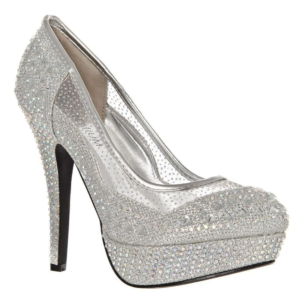 ROSEY Round Toe Platform Stiletto High Heel Diamante And Mesh Court Shoe