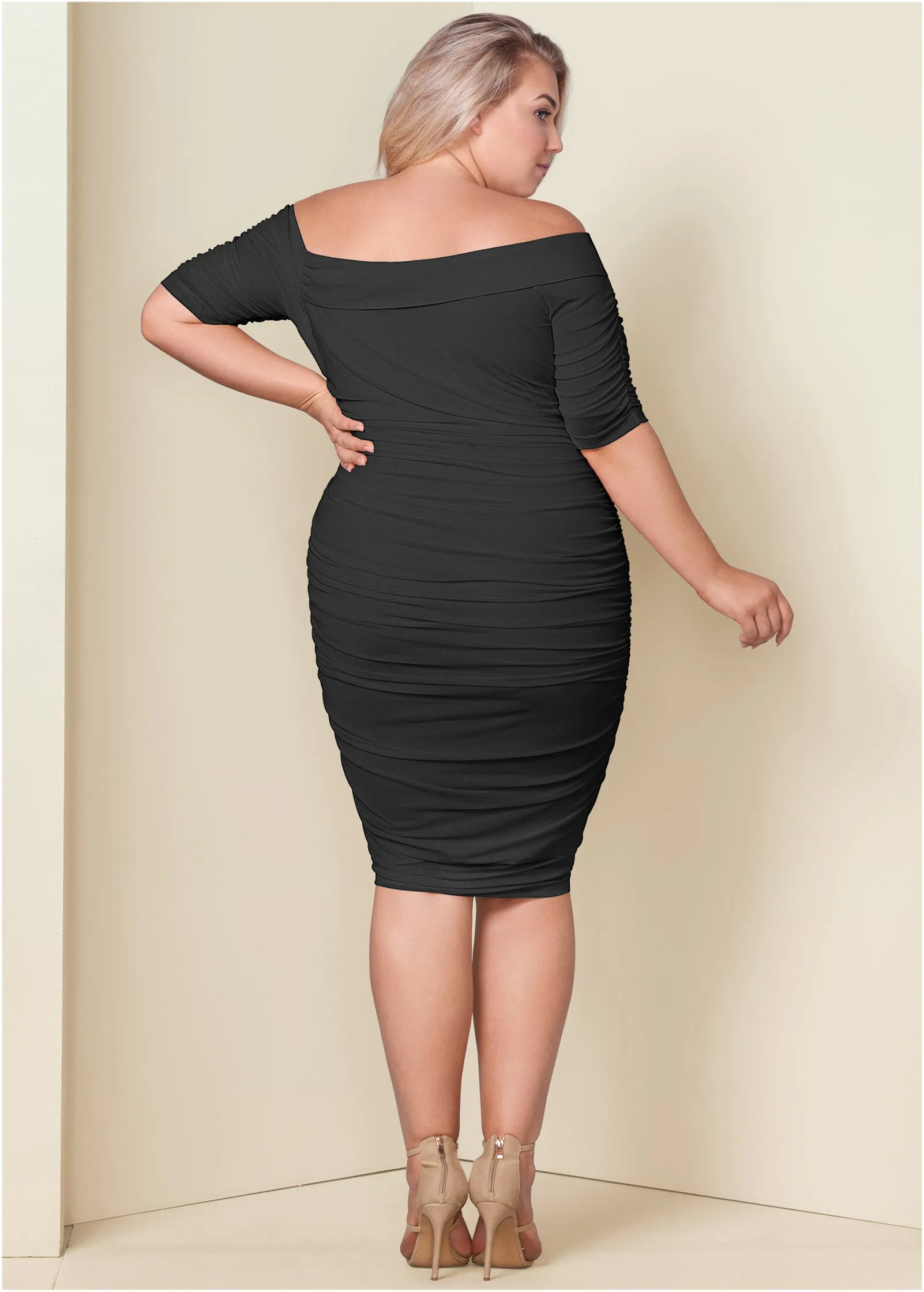 Ruched Mesh Bodycon Dress - Black